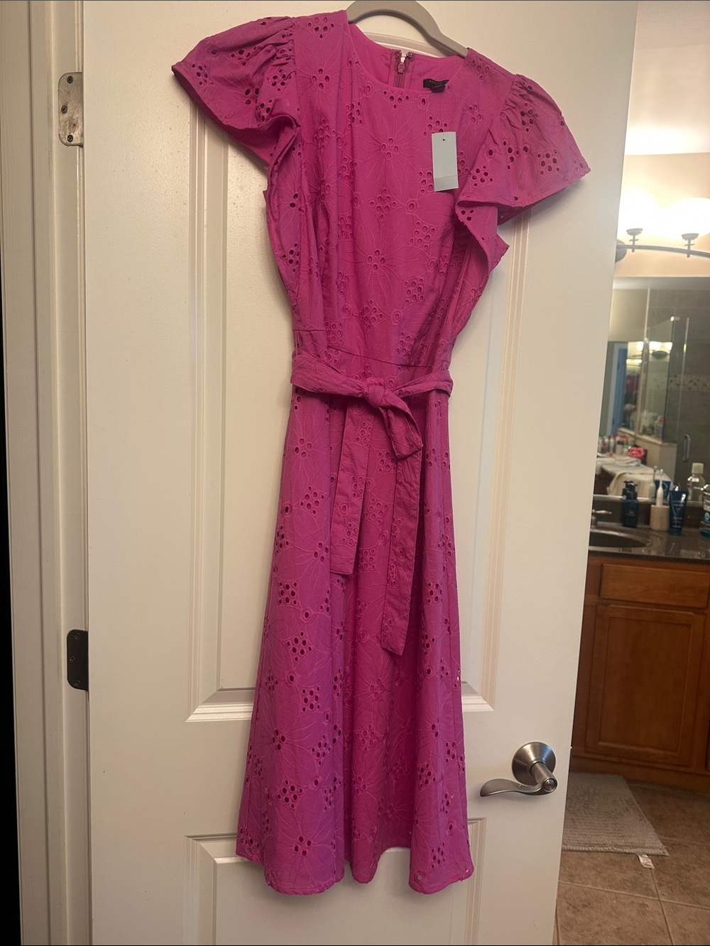Ann Taylor Magenta Eyelet Tie-Waist Midi Dress